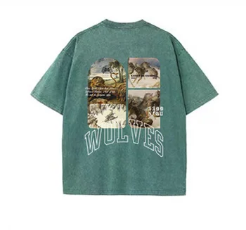 2023 Мужская спортивная футболка DARC, уличная одежда в стиле хип-хоп, хлопковая летняя футболка с принтом волка, винтажная стирка, Топ большого размера