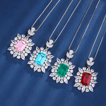 EYIKA Роскошное Квадратное ожерелье с подвеской в виде цветка из рубинового камня, Циркон, Небесно-голубой, Розовый, зеленый, ожерелье из кристаллов Fusion, Женские украшения