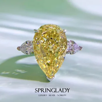 SpringLady Стерлинговое серебро 925 пробы, огранка в виде капли воды, 10*17 мм, цитрин, обручальное кольцо с высокоуглеродистым бриллиантом, ювелирное кольцо для женщин, подарок