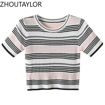 Женские футболки ZHOUTAYLOR, офисные женские футболки с коротким рукавом, летние Новые футболки с круглым вырезом, облегающие топы во французском стиле, женские S4069