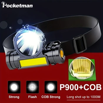 Мощная светодиодная фара P900 + COB, водонепроницаемая фара, двойной источник света, 3 режима освещения, USB-перезаряжаемый головной фонарь с батареей